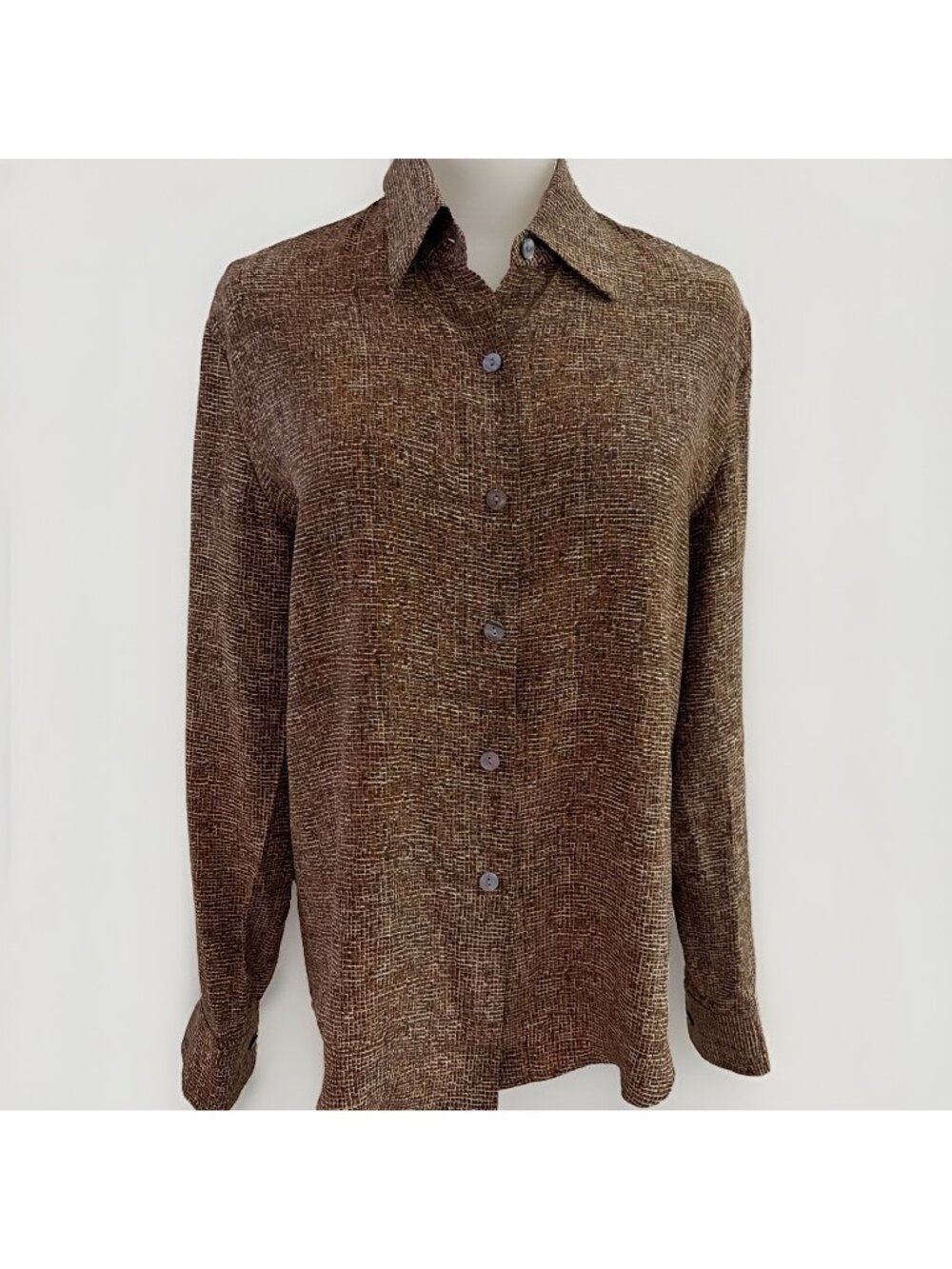 Women's Button Front Silk Blouse Size 6 Brown Satin Micro Reptile Old Money